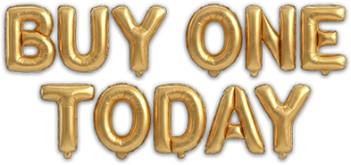 Gold foil balloon letters spell out BUY ONE TODAY against a light background.