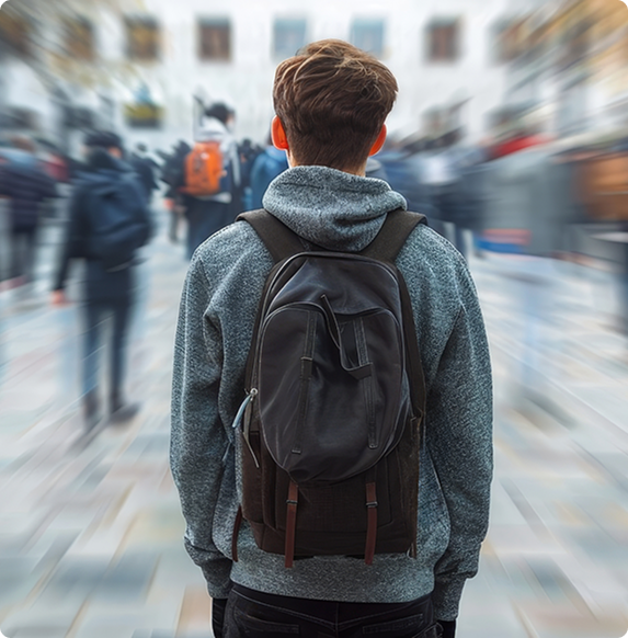 A person wearing a hoodie and backpack stands facing a blurred crowd outdoors, creating a sense of focus on the individual amid a busy, vibrant scene.