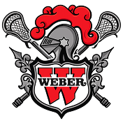 A crest featuring a large red W with WEBER written above it, a knight’s helmet with a red plume at the top, and two crossed lacrosse sticks behind the shield. Ornate gray scrollwork surrounds the design.