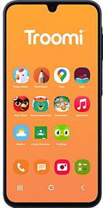 A smartphone screen displays the Troomi interface with a bright orange background and colorful app icons in a grid, showcasing the kids safe phone features. The Troomi logo appears at the top of the screen.