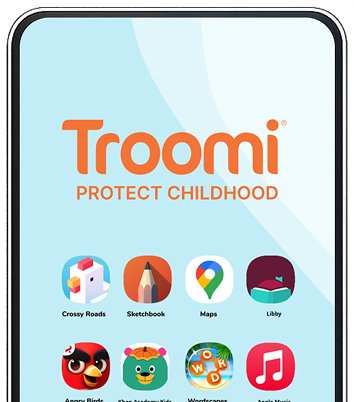 A smartphone screen displays the Troomi logo with the text Protect Childhood above app icons, including Crossy Road, Sketchbook, Maps, Libby, Angry Birds, and others, on a light blue background.