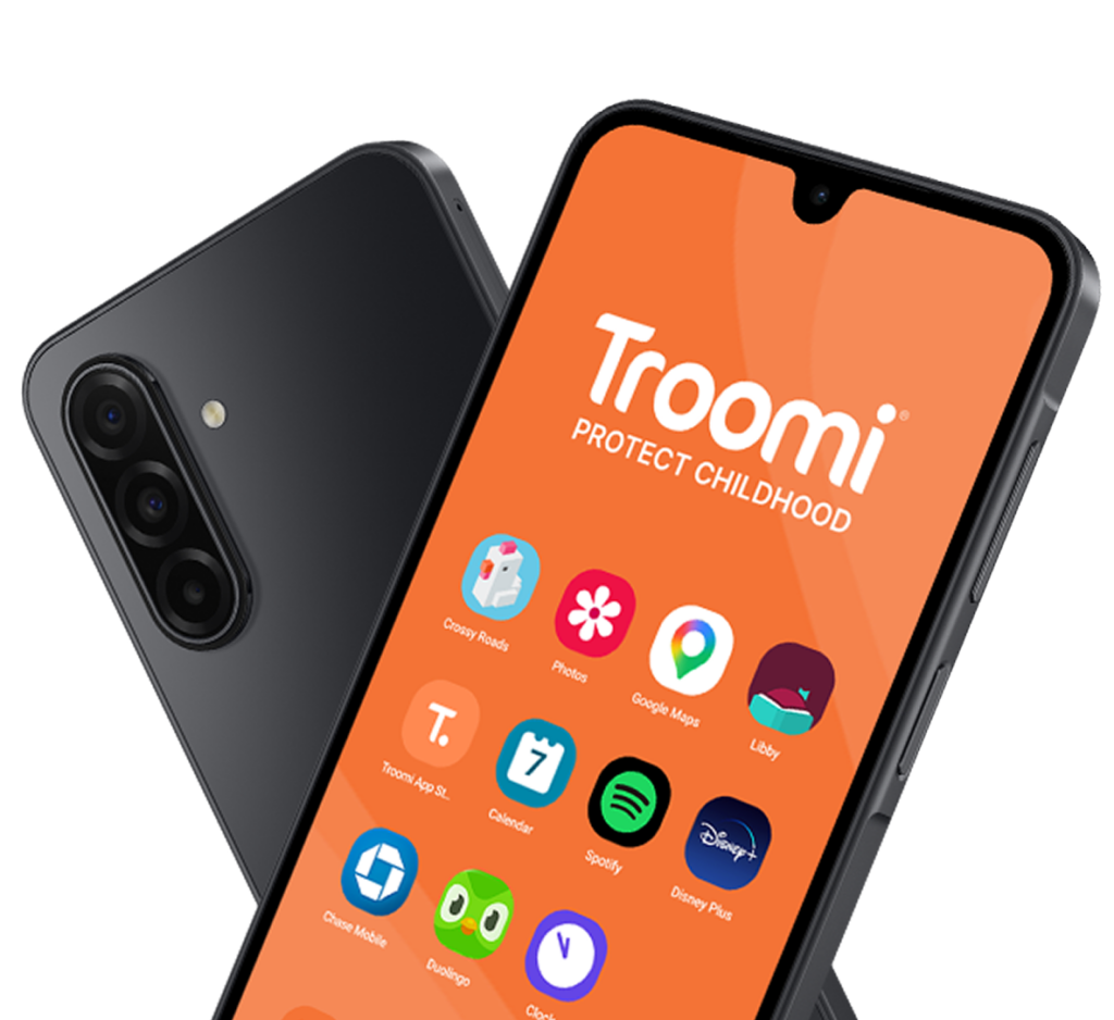 A black smartphone displays the Troomi “Protect Childhood” interface on its screen, showing colorful app icons on an orange background. Another phone is shown from the back, highlighting its three rear cameras.