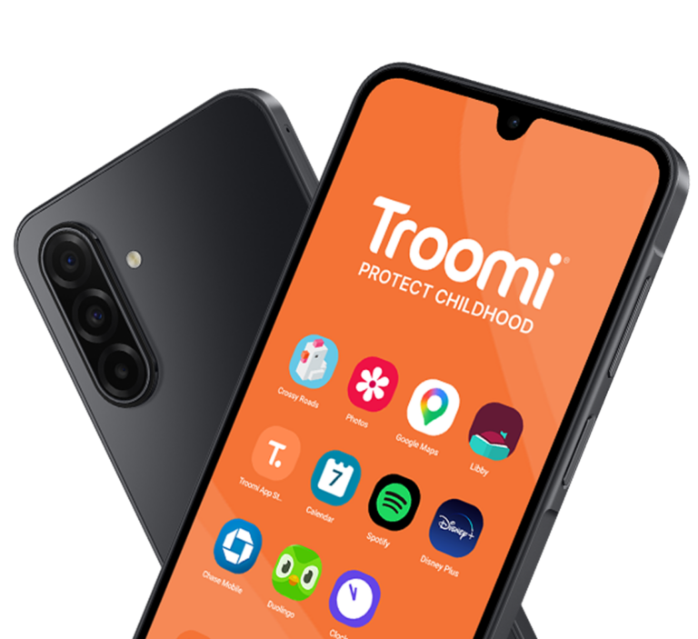 A black smartphone displays the Troomi “Protect Childhood” interface on its screen, showing colorful app icons on an orange background. Another phone is shown from the back, highlighting its three rear cameras.
