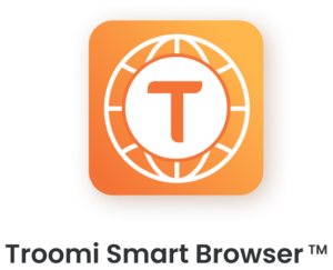 An orange app icon with a white globe outline and a bold letter T in the center, above the text Troomi Smart Browser™ in black letters.
