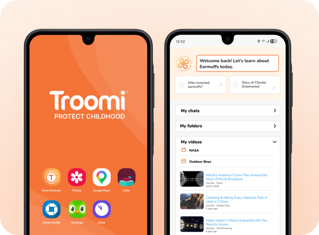Two smartphones side by side: the left displays the Troomi Protect Childhood home screen with app icons, and the right shows a Troomi app screen with folders, videos, and educational content for kids.