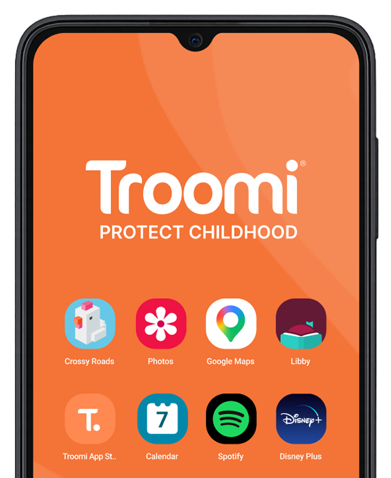A kids safe phone screen displays the Troomi logo with the tagline Protect Childhood, featuring app icons like Crossy Roads, Photos, Google Maps, Libby, Troomi App Store, Calendar, Spotify, and Disney Plus.