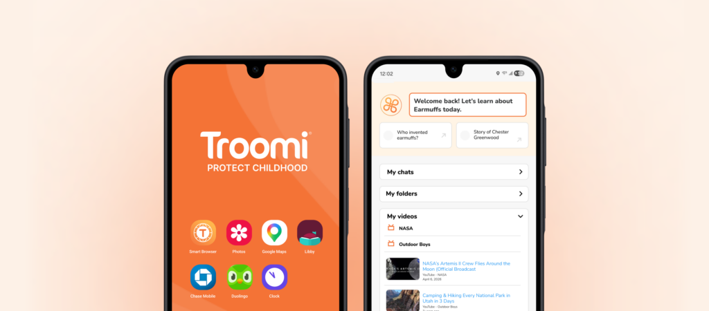 Two smartphones display the Troomi app. The left screen shows the Troomi logo with Protect Childhood and app icons below. The right screen shows a chat and video interface with educational content and folders.