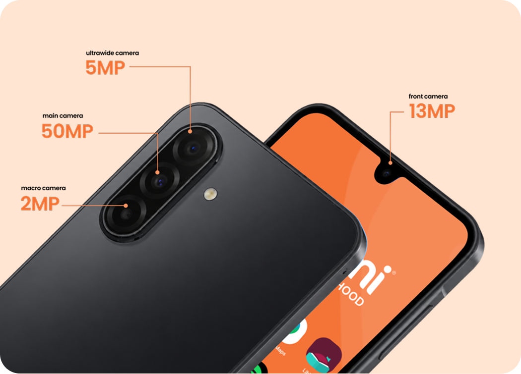 Close-up of a Troomi kids safe phone displaying its triple rear camera setup: 50MP main, 5MP ultrawide, 2MP macro lenses, and a 13MP front camera on the display side.