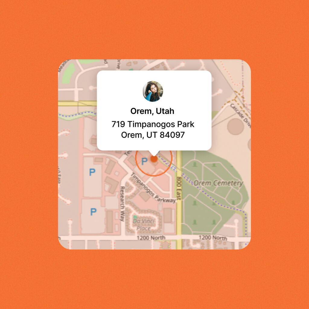 A map of Orem, Utah, highlights 719 Timpanogos Park, Orem, UT 84097, with a location pin and a user profile image above the address, shown on an orange background.