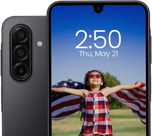 A Troomi kids safe phone displays a young girl in a plaid dress and red sunglasses, smiling with her arms outstretched holding an American flag, with trees and blue sky in the background. The screen shows the time 2:50 and date Thu, May 21.