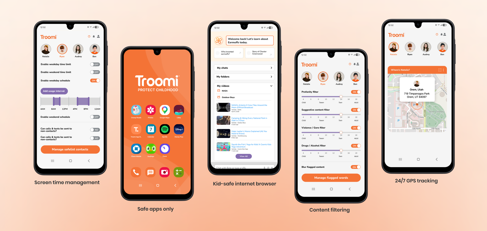 Five smartphone screens display features of the Troomi app: screen time management, safe apps, kid-safe browser, content filtering, and 24/7 GPS tracking, all promoting child safety and parental controls.