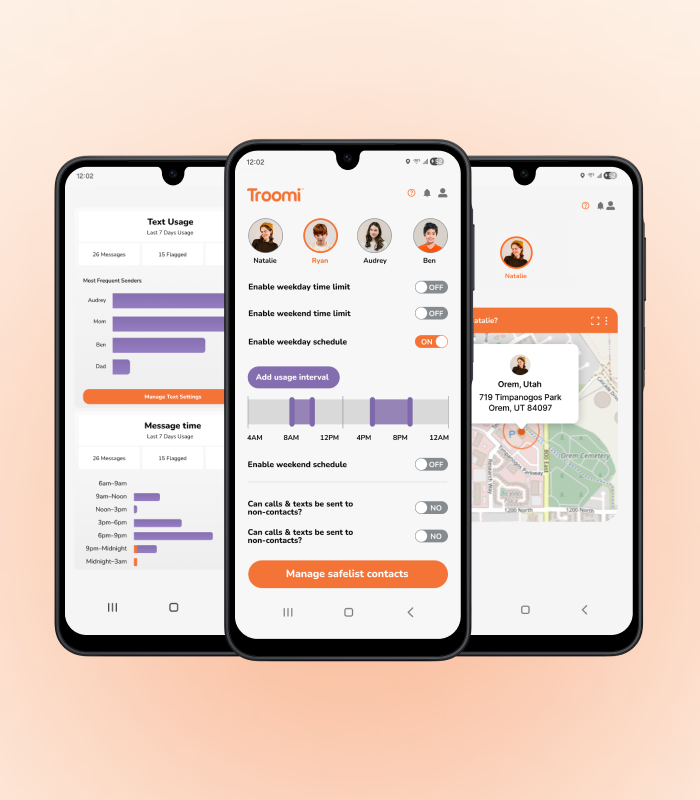 Three smartphones display a parental control app interface with options for setting time limits, schedules, safe contacts, and viewing location on a map. The screens show controls, profiles, and an address with a map.