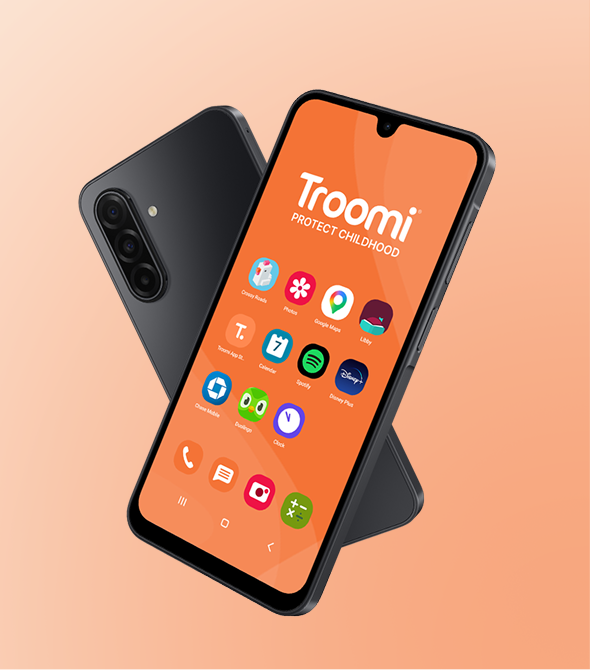 Two black smartphones, one showing a home screen with the orange Troomi Protect Childhood background and app icons, are displayed on a light peach gradient background.