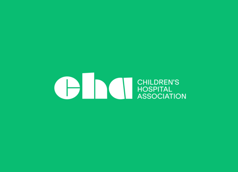 White logo on green background. Geometric letters spell cha, with CHILDRENS HOSPITAL ASSOCIATION in uppercase text to the right.