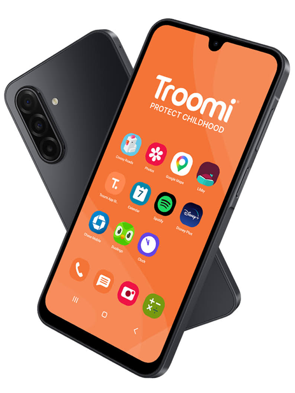 Two black smartphones are shown, one facing forward and one backward. The screen displays the Trooomi logo, PROTECT CHILDHOOD, and various colorful app icons on an orange background.