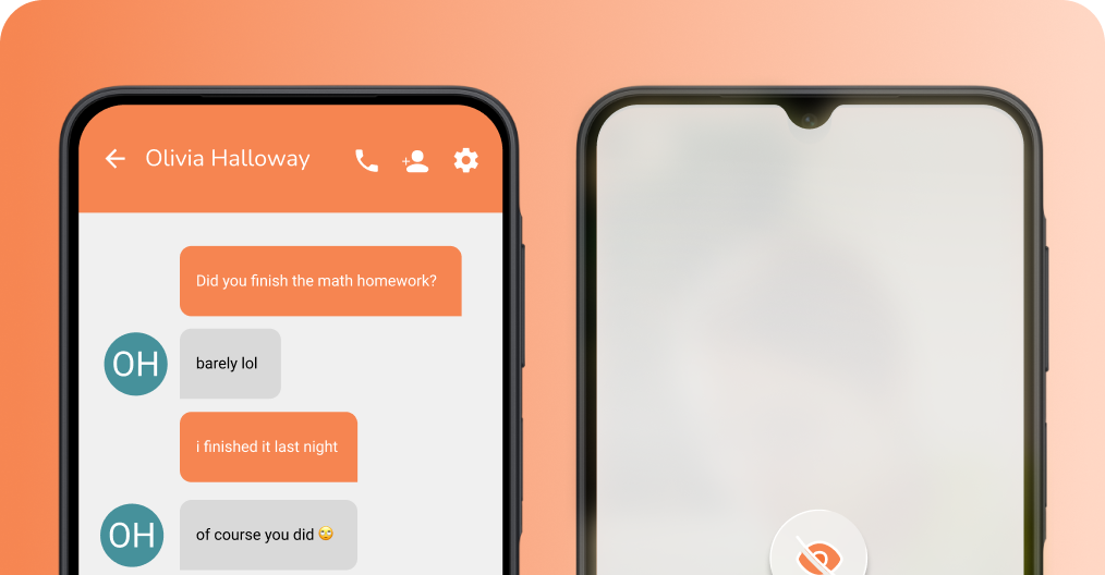 Two smartphones side by side. The left phone displays a chat conversation about math homework, while the right phones screen is blurred and mostly blank. Both phones have rounded edges and are set against a peach gradient background.