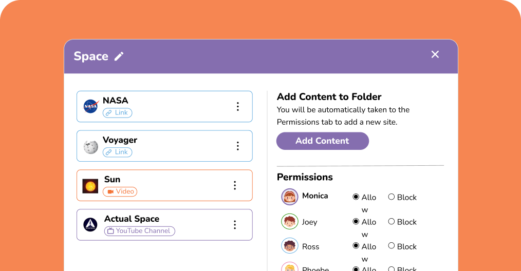 Screenshot of a web interface showing a list of websites (NASA, Voyager, Sun, Actual Space) on the left and user permission settings with parental controls on the right.