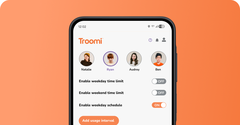 A smartphone screen displays the Troomi app showing user profiles and time limit settings for weekday and weekend usage, with one setting toggled on.