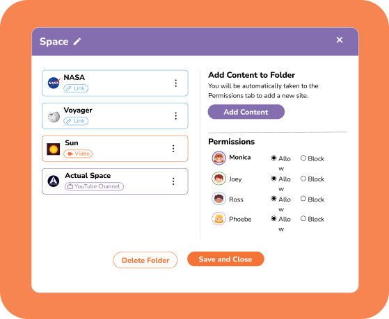 A folder named Space shows links to NASA, Voyager, Sun, and Actual Space. Options for adding content, deleting the folder, saving, and user permissions for Monica, Joey, Ross, and Phoebe are visible.