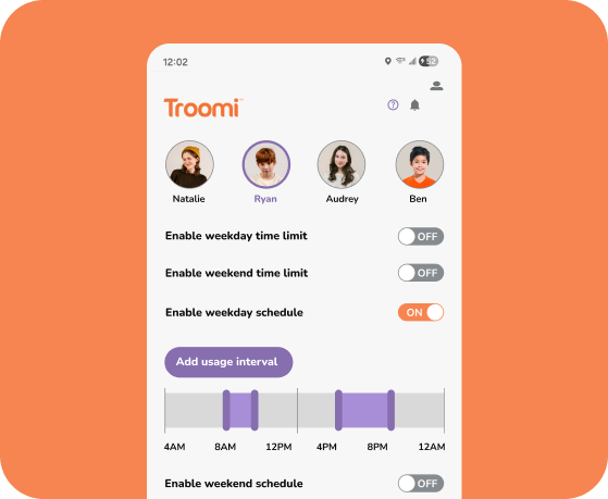 A phone screen shows the Troomi app with profiles for four kids and options to set time limits and schedules. Sliders and toggles control weekday and weekend settings. The background is orange.