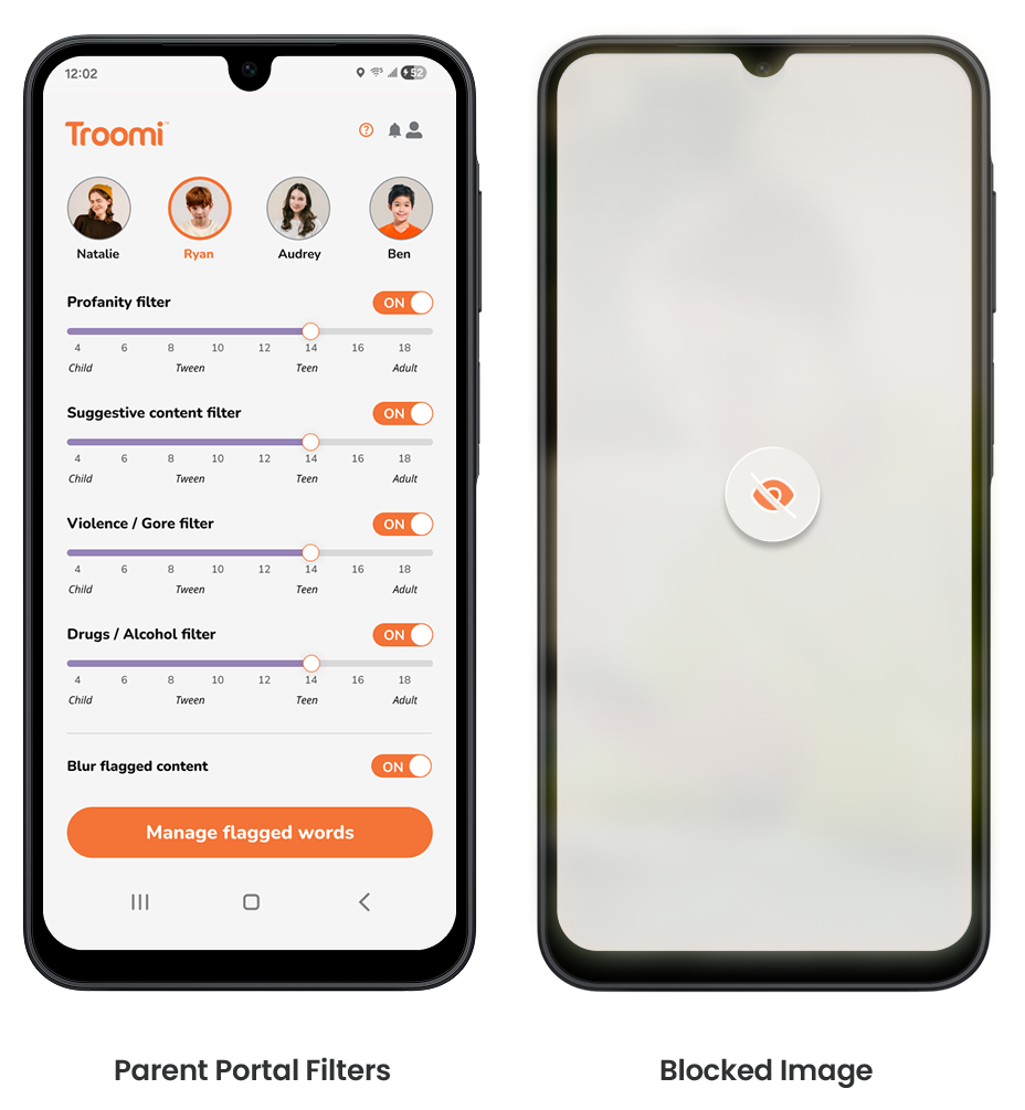 Two smartphones: the left shows parental control content filters for users, with toggles and sliders; the right displays a blurred, blocked image with an eye icon and slash, representing restricted content.