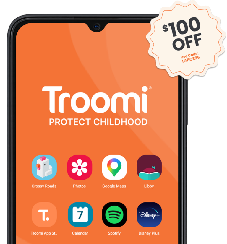 A smartphone screen displays the Troomi app with icons like Photos, Google Maps, Libby, Calendar, Spotify, and Disney Plus. A $100 off badge is in the upper right corner with the code LABOR26. Orange background.
