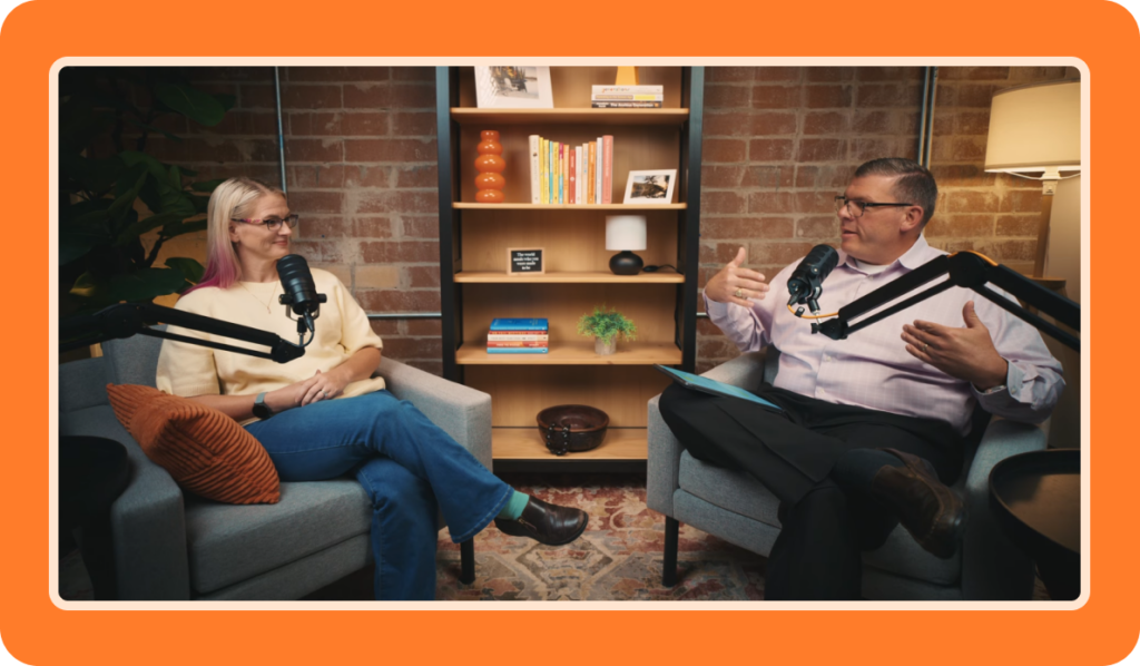 Troomi Founder Bill Brady and Family Tech's Sarah Kimmel sit in armchairs across from each other, speaking into microphones for a podcast recording.