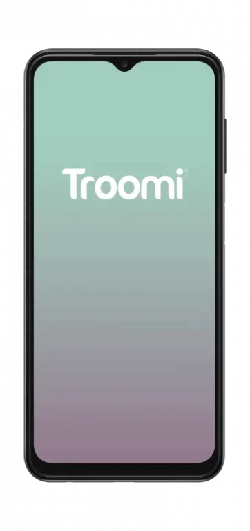 Troomi Phone Front Gradient A smartphone displaying a screen with a gradient background shifting from green to purple. The word Troomi is centered in white text. The phone has a minimal design with a front camera cutout at the top center of the screen.