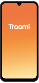 A smartphone displaying an orange gradient screen with the word Troomi in white text at the center.