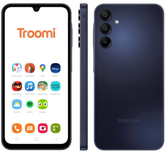 Image of a Troomi smartphone displaying various app icons on the screen, including Disney+, Google Maps, and Spotify. The phone is shown from the front, side, and back, highlighting its sleek design and triple camera setup.