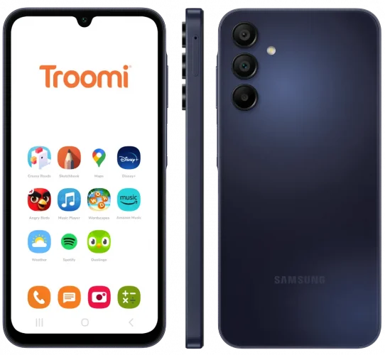 Image of a Troomi smartphone displaying various app icons on the screen, including Disney+, Google Maps, and Spotify. The phone is shown from the front, side, and back, highlighting its sleek design and triple camera setup.