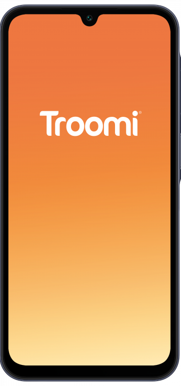 A smartphone displaying an orange to yellow gradient background with the word Troomi centered in white text.