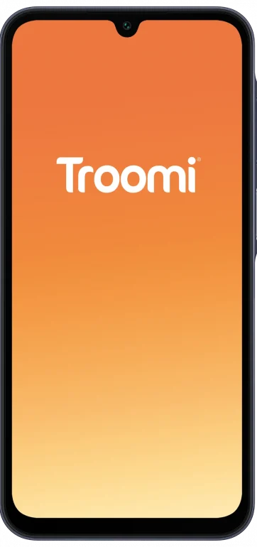 A smartphone displaying an orange to yellow gradient background with the word Troomi centered in white text.