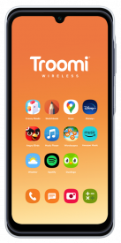 A smartphone showcases the Troomi home screen with an orange gradient background and app icons like Maps, Disney+, Angry Birds, Spotify, Weather, Duolingo, and more neatly arranged in a grid. Perfect for safe, kid-friendly Troomi experiences.