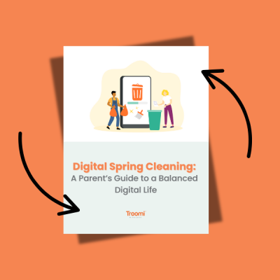 The cover of Digital Spring Cleaning: A Parent’s Guide to a Balanced Digital Life by Troomi showcases a family tidying up their digital clutter, with two bold black arrows directing attention to the book. An inviting orange background frames this insightful guide by Troomi.