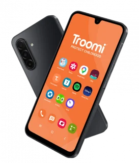 Two black smartphones, one facing forward and one backward, display a bright orange screen with the Troomi Protect Childhood logo and various app icons, highlighting Troomi as a leading kids safe phone.