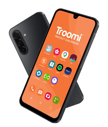 Two black smartphones, one facing forward and one backward, display a bright orange screen with the Troomi Protect Childhood logo and various app icons, highlighting Troomi as a leading kids safe phone.