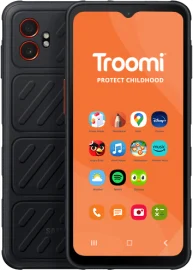 A black XCover7 Pro smartphone with an orange screen displays the Troomi logo and the phrase Protect Childhood. The home screen shows various app icons such as Chrome, Maps, Disney+, Spotify, and Duolingo.