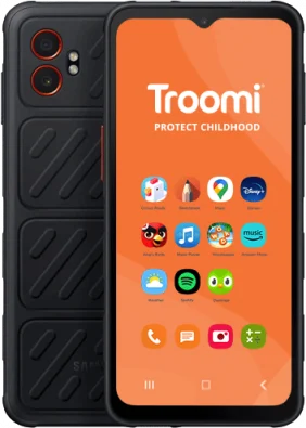 A black XCover7 Pro smartphone with an orange screen displays the Troomi logo and the phrase Protect Childhood. The home screen shows various app icons such as Chrome, Maps, Disney+, Spotify, and Duolingo.